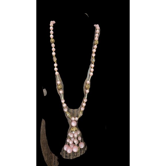 vintage Pink Beaded Necklace Gold Accents  Dangling Pendant 22 Lobster Clasp - Picture 2 of 9